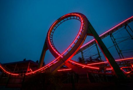 Feedback Loop - a roller coaster lit up at night with red lights