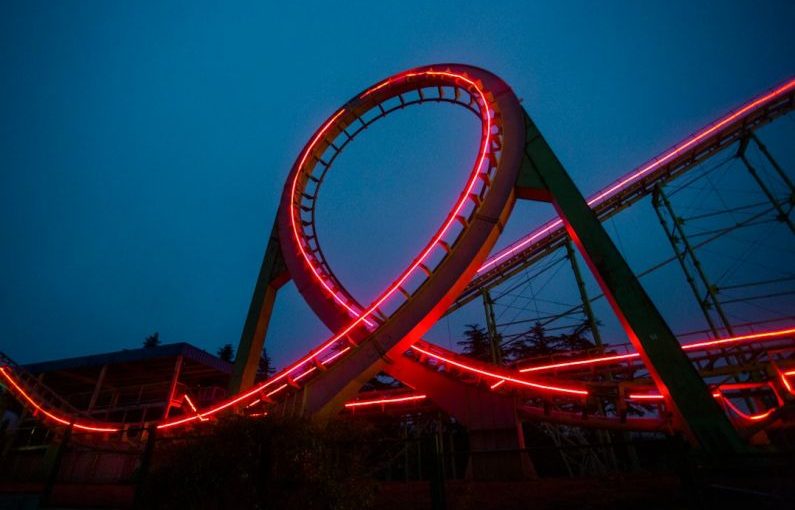 Feedback Loop - a roller coaster lit up at night with red lights